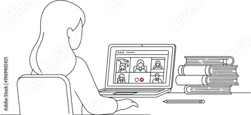 Woman engaged in online learning with laptop and books nearby