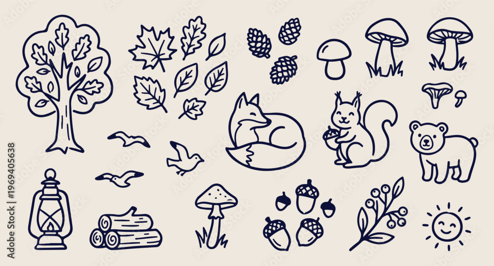 Fototapeta premium Wild forest animals, fox and squirrel, autumn woods background, nature wildlife vector, forest leaves pattern, woodland creature line art, hand drawn forest doodle 