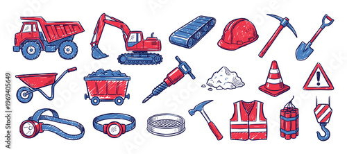 Collection of red and blue construction and mining tools and equipment in a hand-drawn doodle style