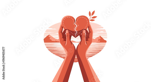 Hands holding broken heart illustration against a landscape with sunset