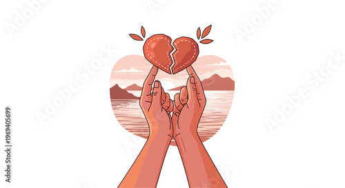 Hands holding broken heart illustration against a landscape with copy space