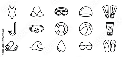 Collection of black outline swimming and beach icons, including swimwear, goggles, and summer accessories, presented clearly