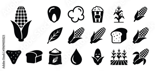 Collection of black and white corn-related icons depicts various forms of the grain, from kernels to popcorn and bread