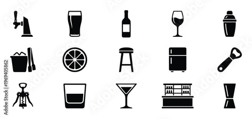 Collection of black silhouette bar and drink related icons arranged neatly on a clean white surface