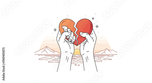 Hands holding broken heart illustration at sunset background