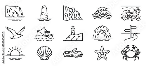 Collection of fifteen black outline icons representing various coastal and marine elements, depicted with clear, simple lines