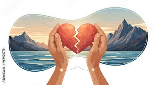 Hands holding broken heart illustration concept of loss and healing