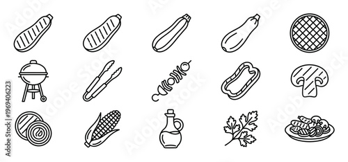 Collection of fifteen black outline icons representing various grilled vegetables, barbecue tools, and cooking ingredients, presented clearly