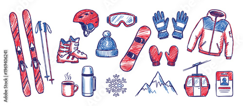 Collection of hand-drawn red and blue winter sports equipment and accessories, including skis, boots, and a snowboard