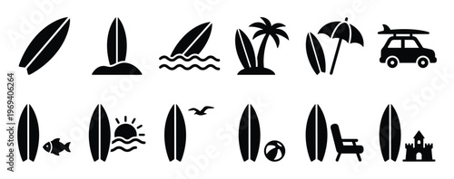Collection of black surfboard icons depicting various beach and summer vacation activities, presented in a clean, graphic style