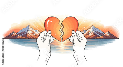 Hands holding broken heart illustration concept of loss pain and separation