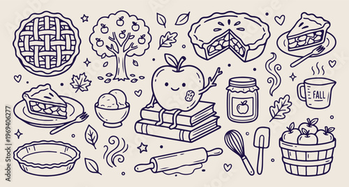 Fresh apple harvest, homemade apple pie, kitchen baking background, fruit orchard vector, autumn harvest pattern, farm food line art, hand drawn baking doodle
