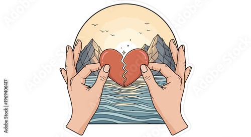 Hands holding broken heart illustration concept of love loss or healing