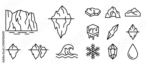 Collection of various ice and water-related line icons, including icebergs, melting ice, waves, and snowflakes, presented in a clean, minimalist style