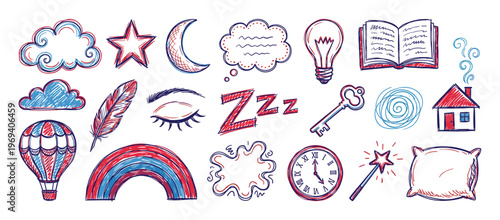 Collection of hand-drawn doodle icons in red and blue, including clouds, stars, a moon, a lightbulb, and a hot air balloon, creating a whimsical and creative design