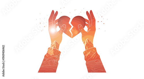 Hands holding broken heart illustration concept of love loss separation