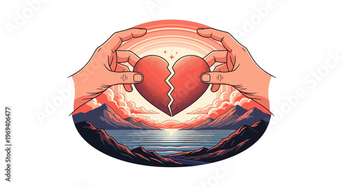 Hands holding broken heart illustration concept of relationships and emotions