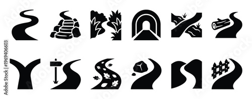 Collection of various black silhouette road and path icons, depicting different natural and man-made obstacles and features