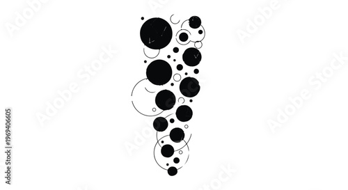 Abstract pattern of cascading black circles and rings on a white background.