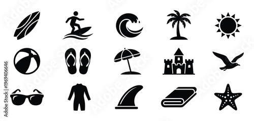 Collection of black silhouette beach and summer icons, including a surfboard, surfer, wave, palm tree, sun, beach ball, flip flops, umbrella, sandcastle, seagull, sunglasses, wetsuit, fin,