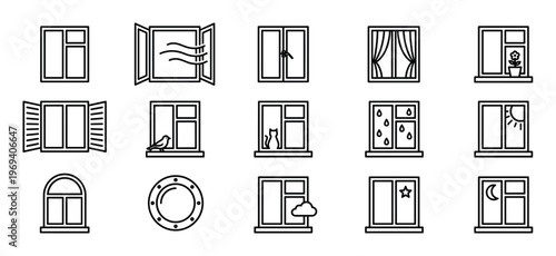 Collection of fifteen black outline window icons showing various styles and weather conditions, presented in a clean, graphic style