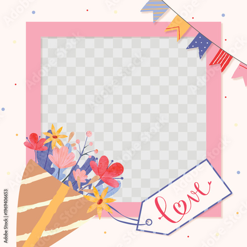 A colorful illustration of a pink frame with flowers and a banner