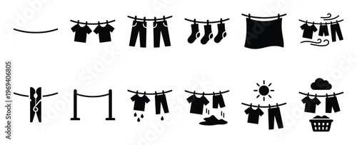Collection of black silhouette icons depicting various stages and elements of laundry drying on a clothesline