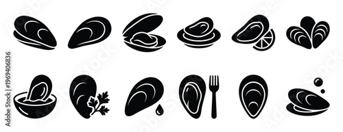 Collection of black silhouette mussel icons featuring various presentations of the shellfish, including open, closed, and served with lemon or parsley