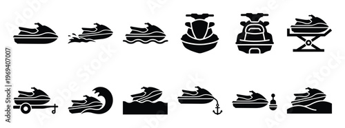 Collection of black silhouette jet ski icons depicting various actions and perspectives on a white surface