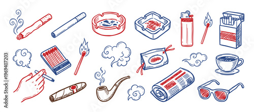 Various hand-drawn smoking accessories and related items, including cigarettes, lighters, ashtrays, and coffee, in a doodle style