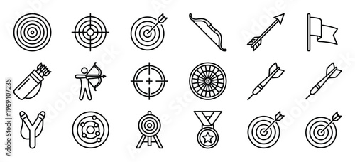 Collection of various outline icons related to archery, darts, and target sports, presented in a clean, minimalist style