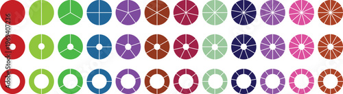 Circle pie chart diagram. Circle division infographic icon set. Loading bar set diagram multicolored collection. Pie chart divided 1,2,3,4,5,6,7,8,9,10, 11, 12 equal parts.	