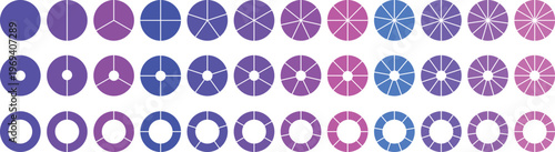 Circle pie chart diagram. Circle division infographic icon set. Loading bar set diagram multicolored collection. Pie chart divided 1,2,3,4,5,6,7,8,9,10, 11, 12 equal parts.	