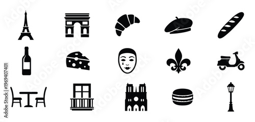 Collection of black silhouette icons representing French culture, landmarks, food, and symbols, presented in a clean, graphic style