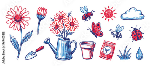 Collection of hand-drawn garden elements, including flowers, insects, and tools, rendered in a charming red and blue sketch style