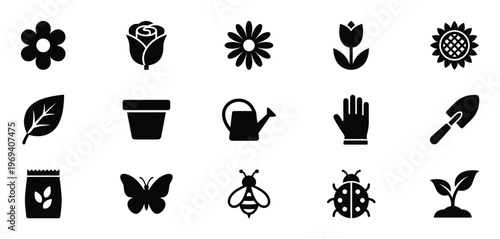 Collection of fifteen black silhouette gardening icons including various flowers, tools, and insects, presented as simple graphic elements