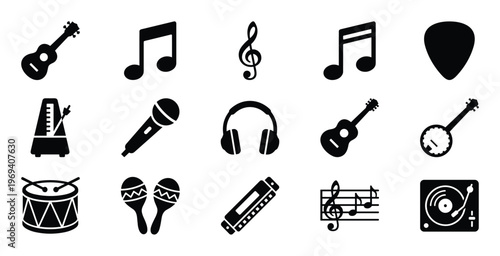 Collection of black silhouette music icons including instruments, notes, and audio equipment arranged neatly on a white surface