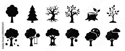 Collection of diverse black tree silhouette icons, including various shapes, a stump, and a sapling, presented with clean, graphic style