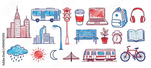 Various hand-drawn doodle icons representing city life, transportation, education, and daily objects in a vibrant red and blue color palette