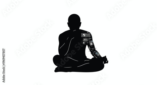 Silhouette of a person in meditation with futuristic digital interfaces integrated into their body.