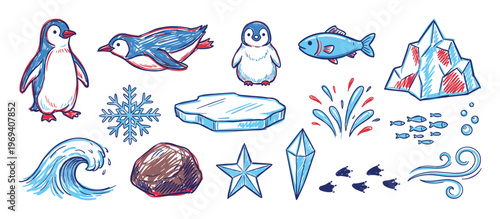 Collection of hand-drawn arctic animals and elements including penguins, fish, icebergs, and snowflakes in a playful doodle style