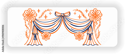 Vintage Decorative Drapery with Floral Ornament, Elegant Curtain Swag Illustration, Classic Ribbon Banner Design