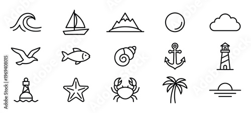 Collection of fifteen black outline nautical and summer icons, including a wave, sailboat, mountain, sun, cloud, bird, fish, seashell, anchor, lighthouse, buoy, starfish, crab, palm tree,
