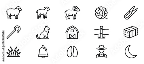 Collection of black outline icons depicting various elements related to sheep farming and rural life, presented on a clean white surface