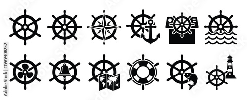 Collection of twelve black ship wheel icons with various nautical elements, presented as a vector graphic