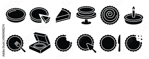 Collection of black silhouette pie and cake icons with various serving and eating elements, presented as a graphic design resource