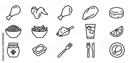 Collection of black outline icons depicting various fried chicken meal components and utensils on a clean surface