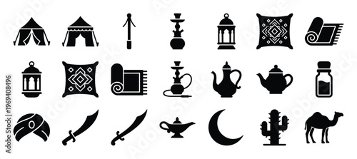 Collection of black silhouette Arabian and desert-themed icons, including tents, lanterns, hookahs, teapots, and a camel, presented as a flat vector illustration