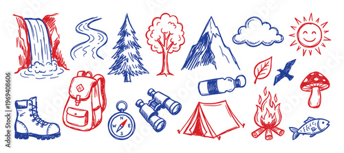 Collection of hand-drawn red and blue outdoor adventure and nature doodles, including a waterfall, mountains, trees, and camping gear