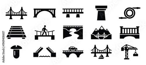 Collection of various black bridge icons, including suspension, arch, beam, drawbridge, and pedestrian designs, presented in a clean, graphic style